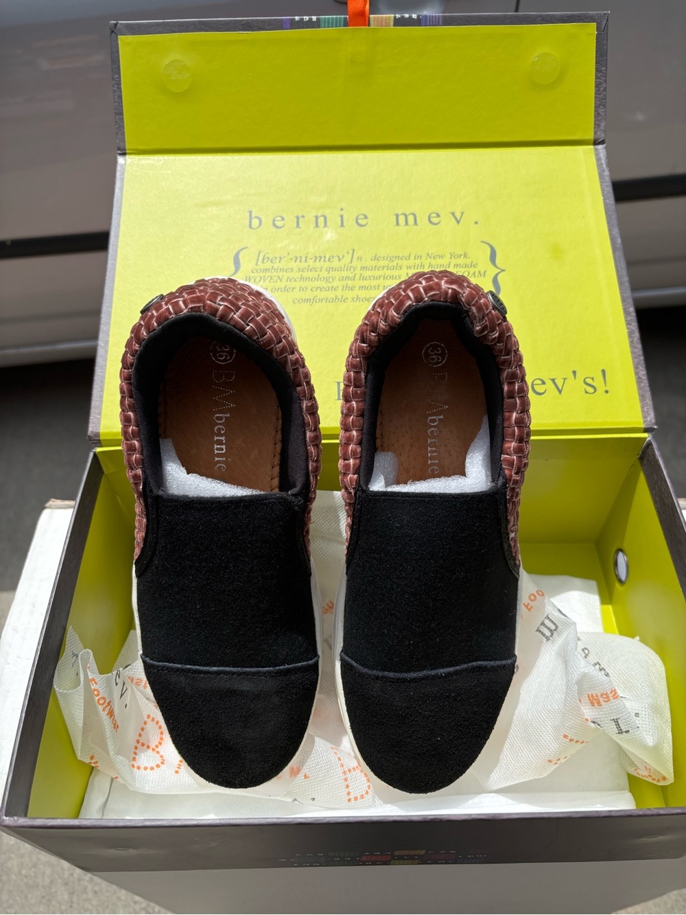 bernie mev. Black Slip-On Sneakers with Brown Woven Trim